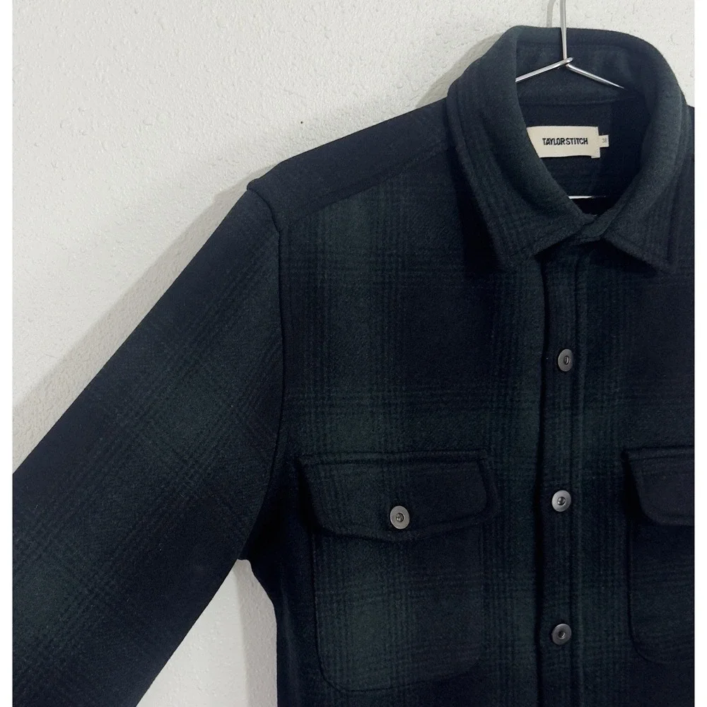 Taylor Stitch Mens Maritime Wool Shirt Jacket Plaid Green Black 38